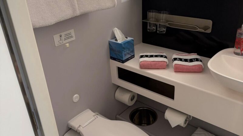 Cruise ship cabin bathroom with toilet, towels, tissue box, glasses, and a sink.