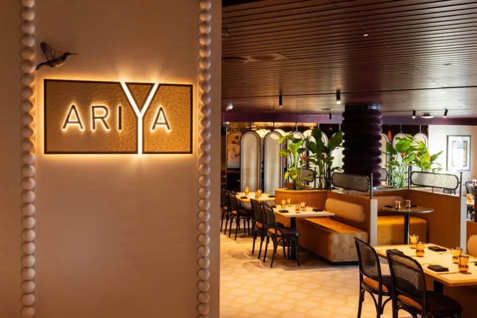 Ariya restaurant interior on a Virgin Voyages cruise ship