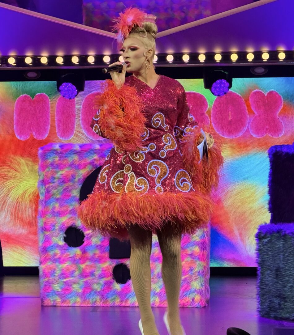 Drag performer in a pink sequin dress with a feathery boa on stage