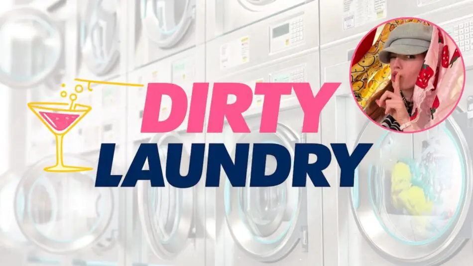 Laundromat backdrop with bold Dirty Laundry text and circular inset of a shushing person