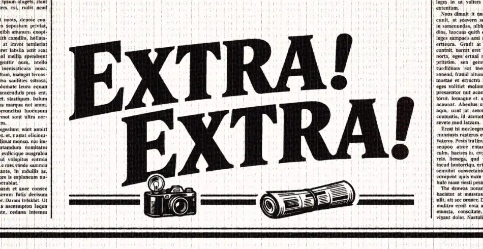 EXTRA! EXTRA! event logo with a camera icon and a rolled newspaper illustration below