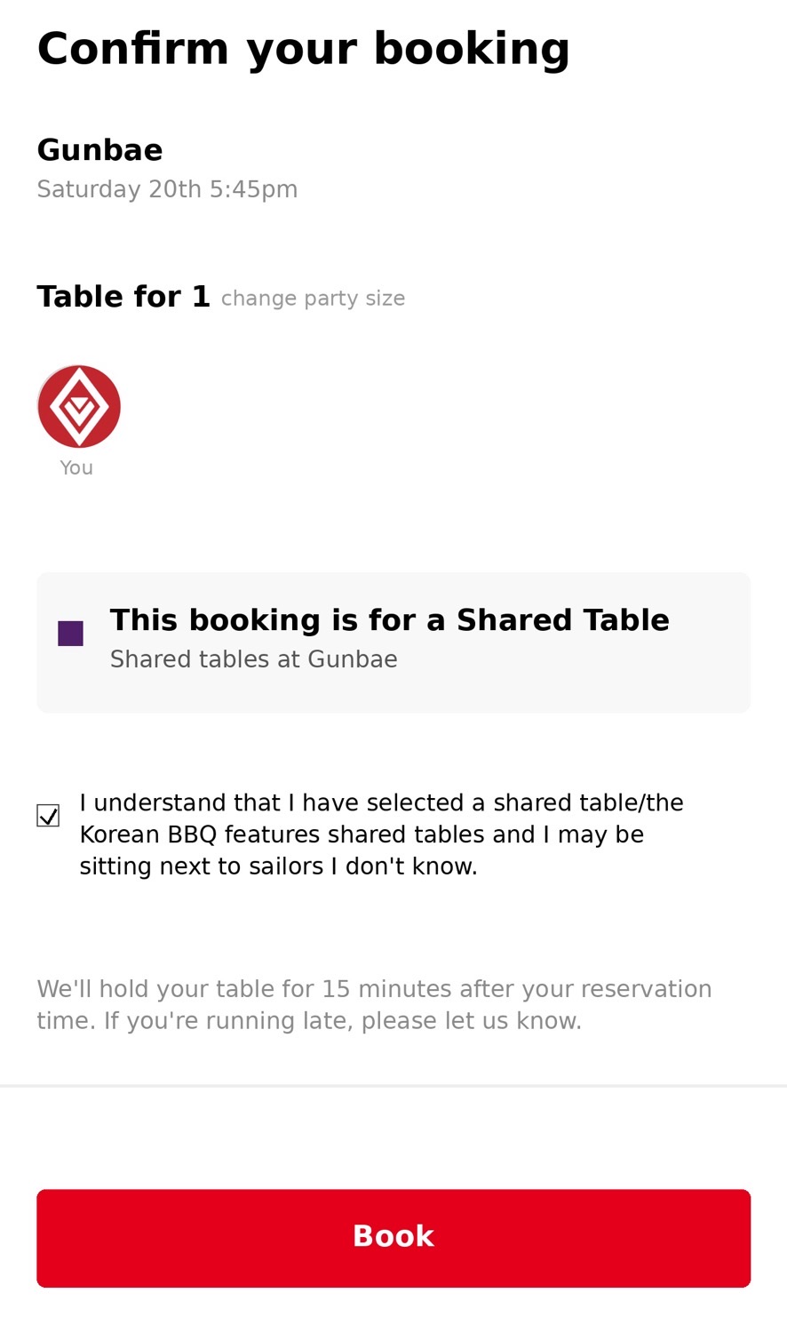 Booking confirmation for Gunbae shared table on Virgin Voyages cruise ship, Saturday 20th 5:45pm