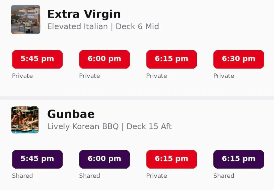 Dining reservations on a Virgin Voyages cruise ship for Extra Virgin and Gunbae