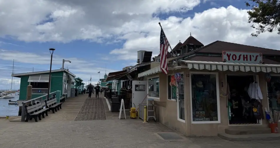 Shops and benches line a harbor boardwalk along the water