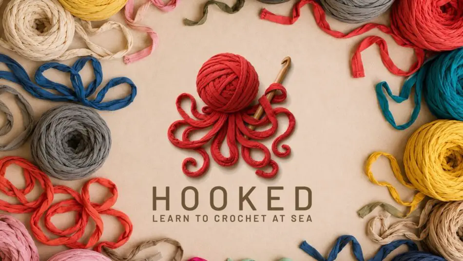 Colorful yarn skeins surround a red crocheted octopus with a crochet hook and Hooked Learn to Crochet at Sea