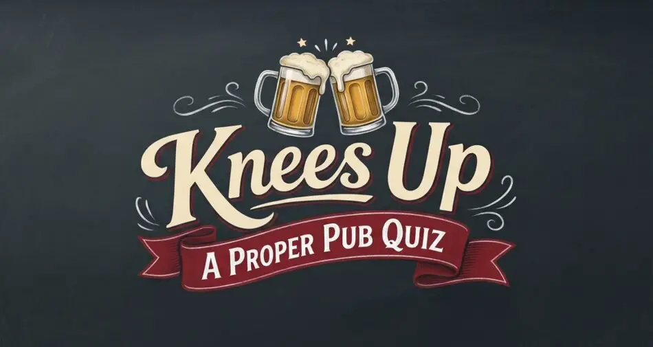 Knees Up A Proper Pub Quiz poster with clinking beer mugs