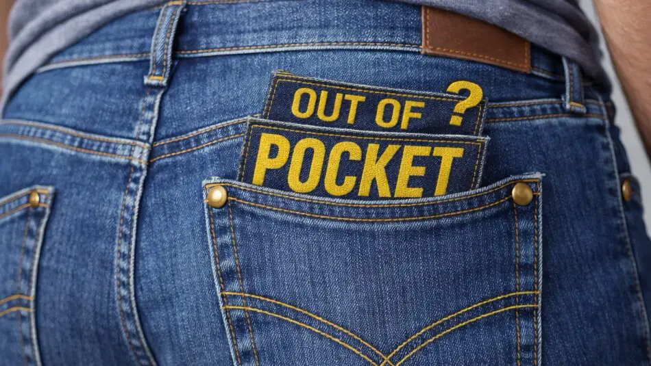 Close-up of blue jeans back pocket with a yellow patch reading OUT OF POCKET