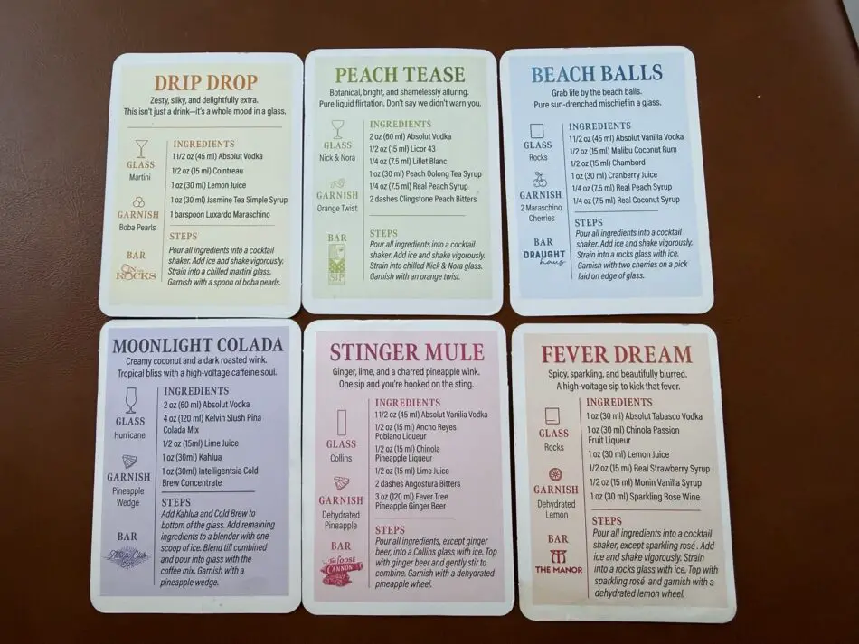 Six cocktail recipe cards showing Drip Drop, Peach Tease, Beach Balls, Moonlight Colada, Stinger Mule, Fever Dream