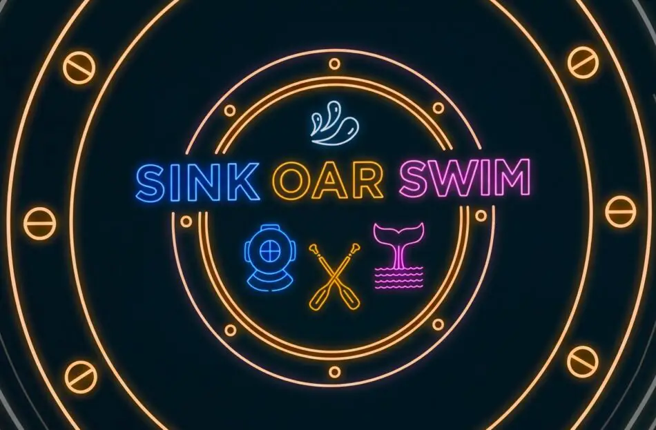 Neon sign reading SINK OAR SWIM with nautical icons and concentric rings