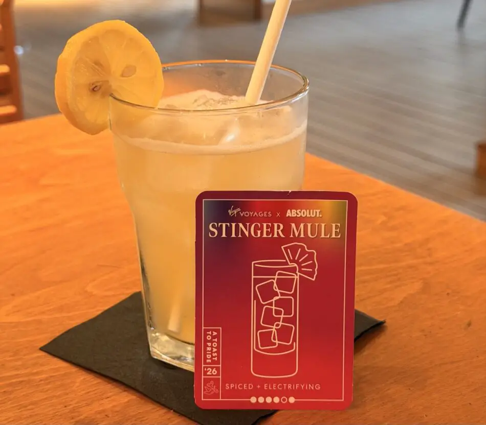 Stinger Mule cocktail with lemon wedge on a Virgin Voyages cruise ship