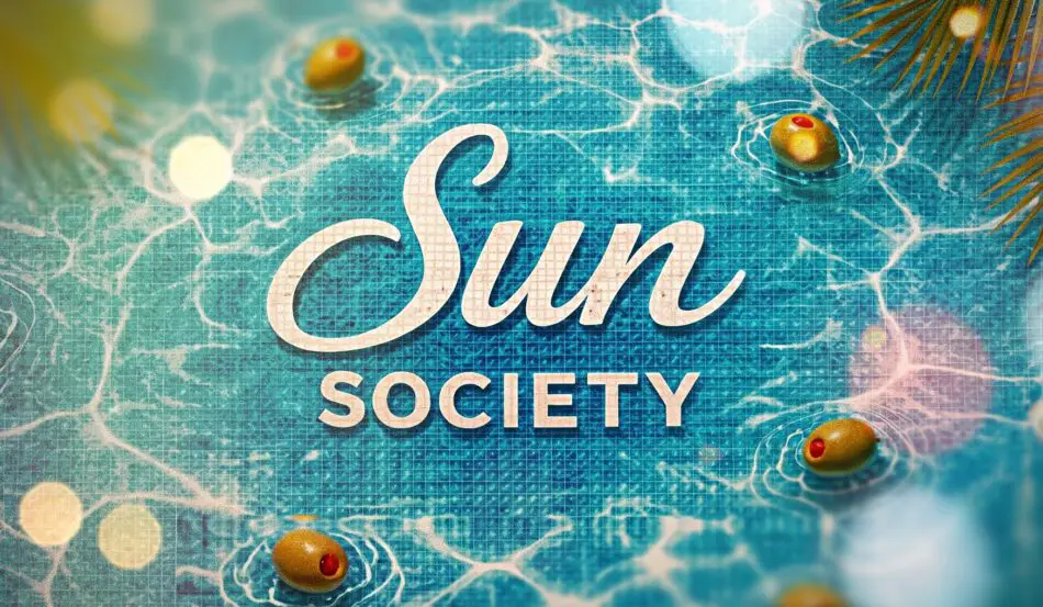 Turquoise pool with Sun Society branding on tiled deck