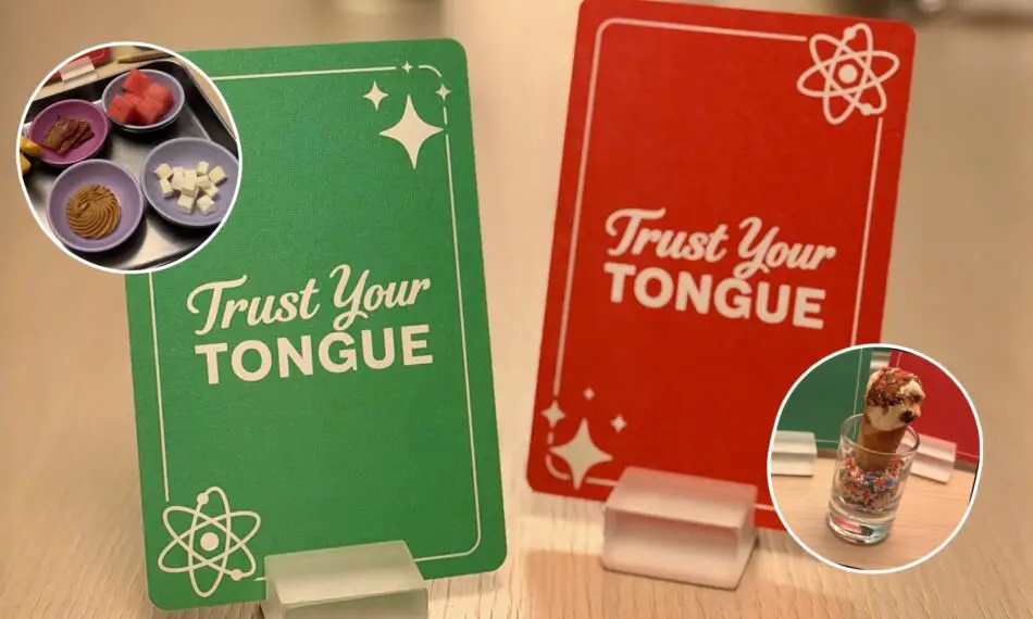 Green and red cards reading Trust Your Tongue with snack and ice cream insets