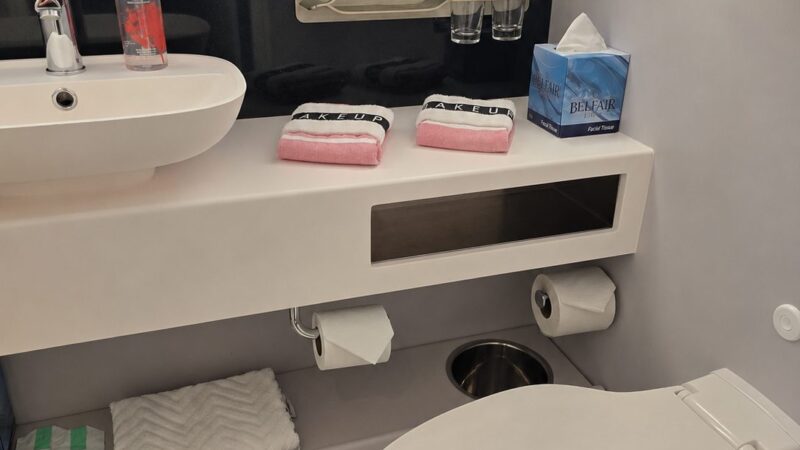 Cruise ship cabin bathroom with a sink, towels, toiletries, and a toilet.