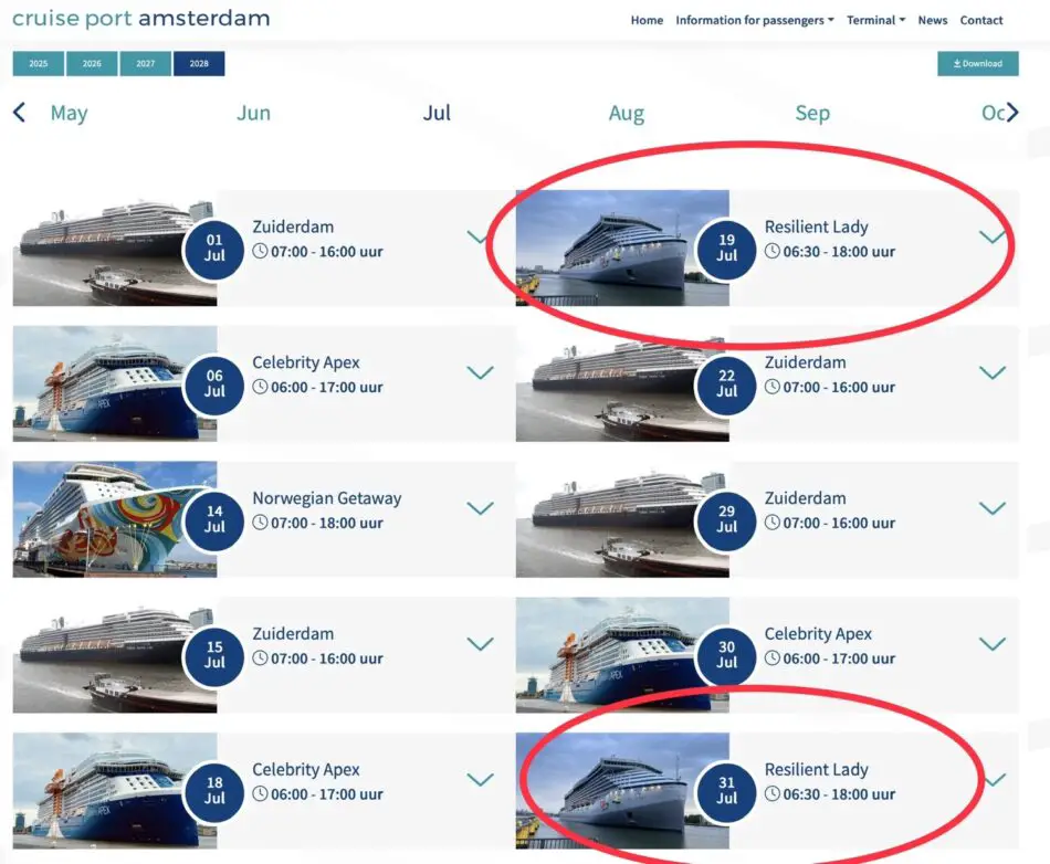 Resilient Lady schedule entry on a Virgin Voyages cruise ship