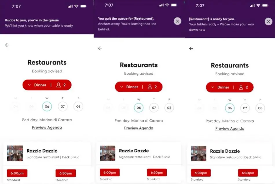 Virgin Voyages Virtual Dining Queue in the app