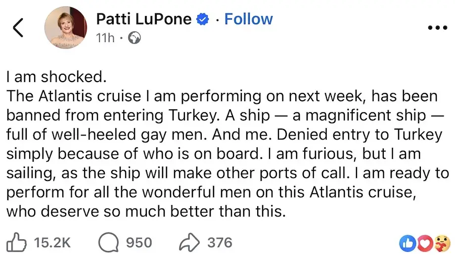 Patti LuPone posts about Atlantis cruise denied entry to Turkey because of who is on board