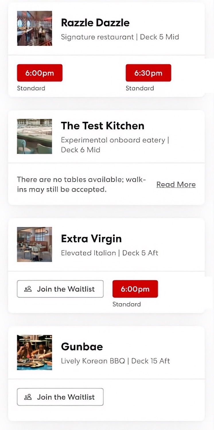 Virgin Voyages cruise ship dining options: Razzle Dazzle, The Test Kitchen, Extra Virgin, Gunbae