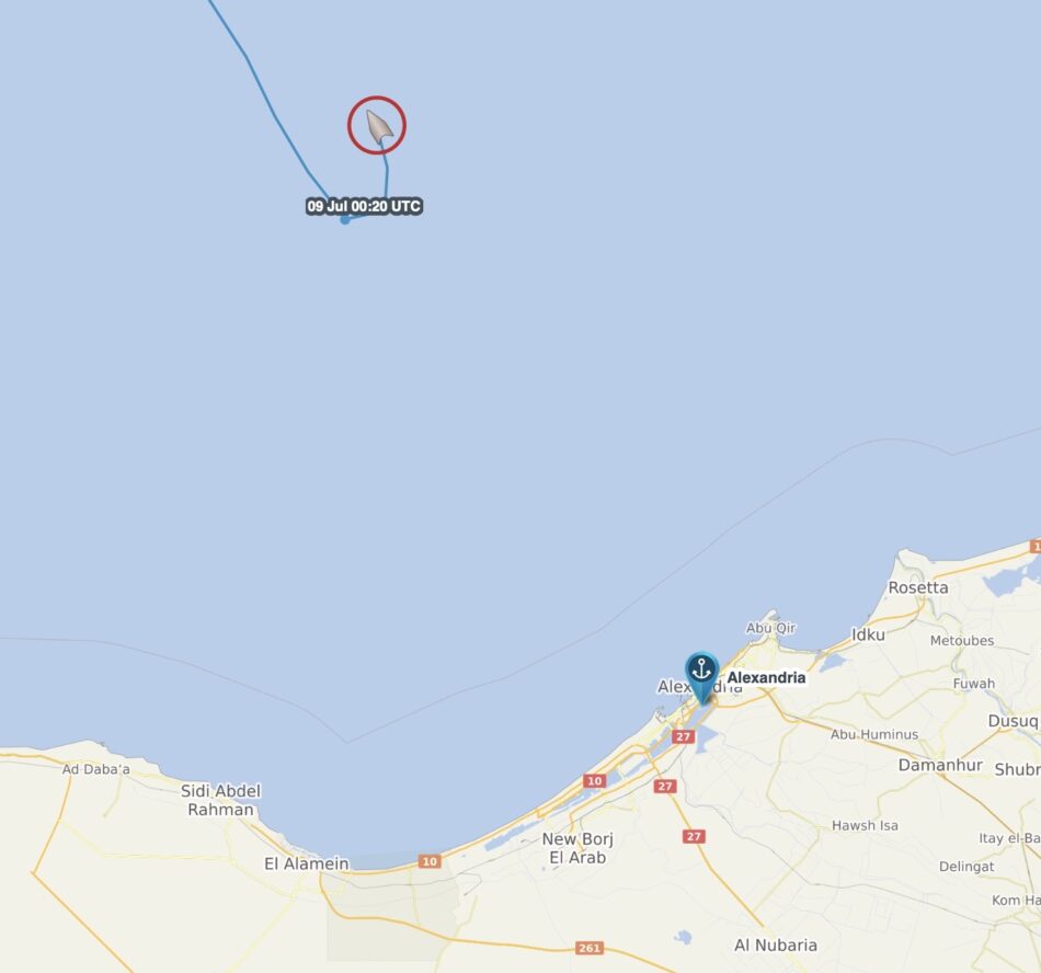 Map showing a ship's position off the coast near Alexandria, Egypt, with a cursor and timestamp 09 Jul 00:20 UTC