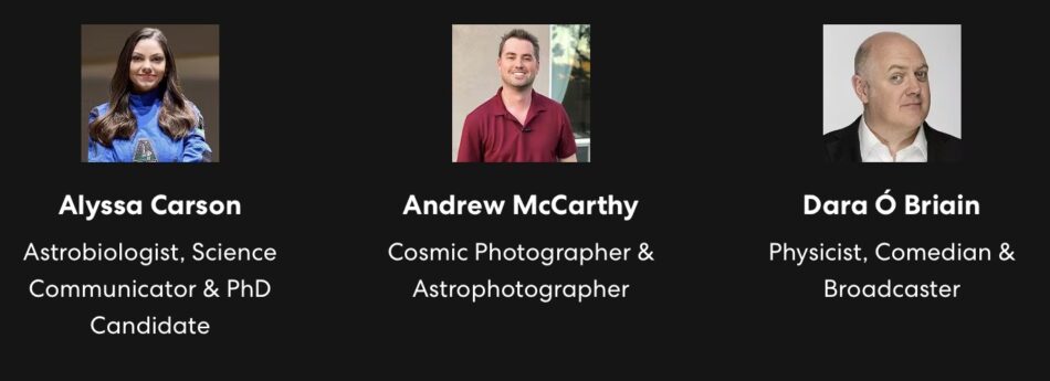 Three profile portraits: Alyssa Carson, Andrew McCarthy, Dara Ó Briain