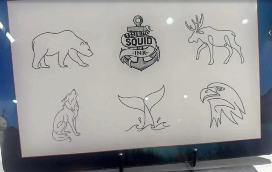 Six line drawings of polar bear, moose, wolf, whale tail, and eagle around a central Squid Ink logo