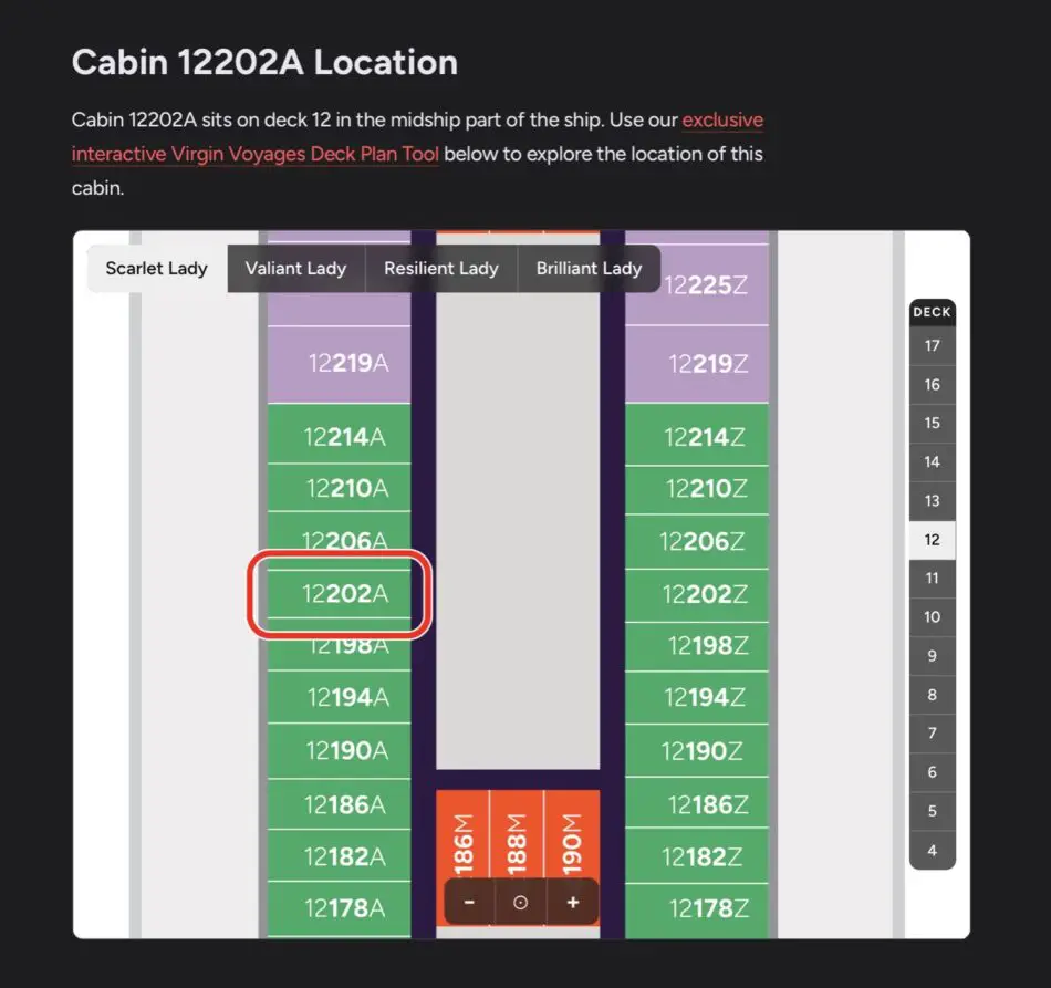 Deck plan showing cabin 12202A location on a Virgin Voyages cruise ship