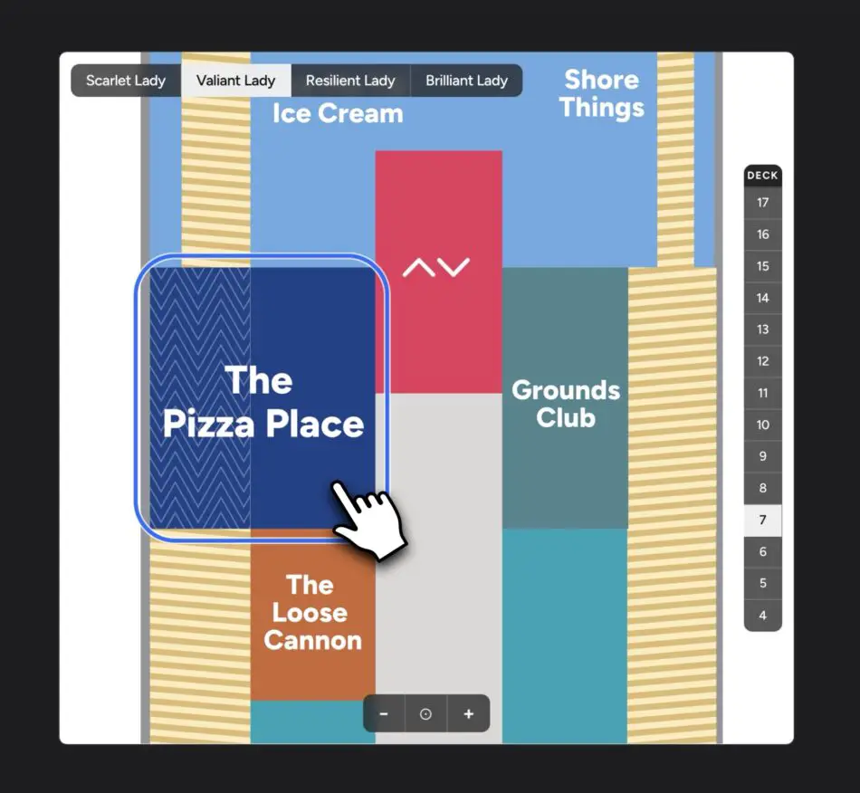 Interactive Virgin Voyages deck map showing The Pizza Place and Grounds Club