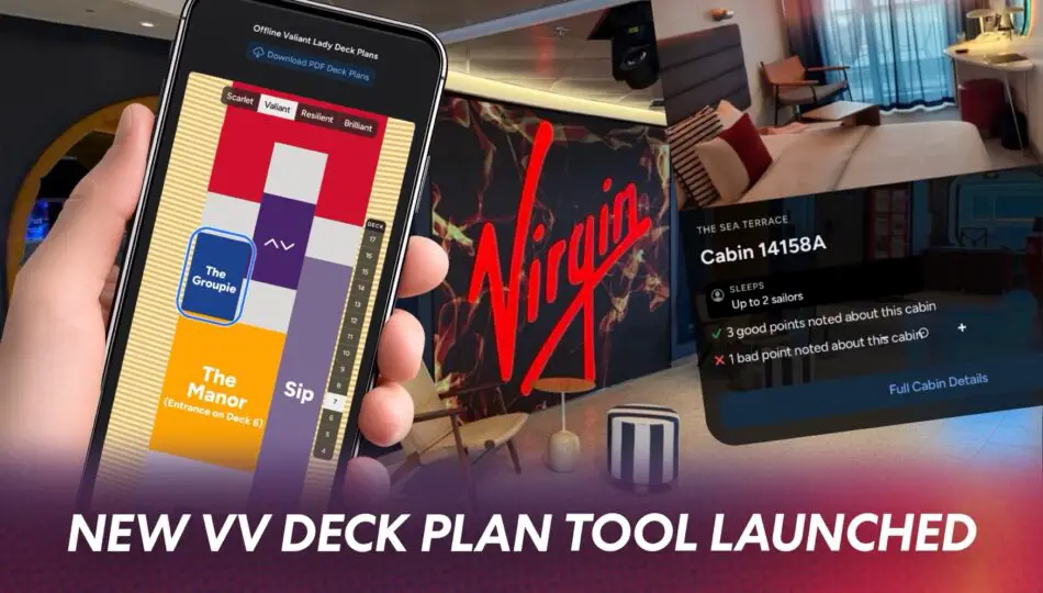Phone displaying a deck plan beside a Virgin Voyages cabin interior on a cruise ship