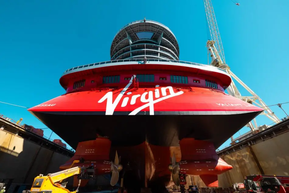 Virgin Voyages cruise ship hull in dry dock
