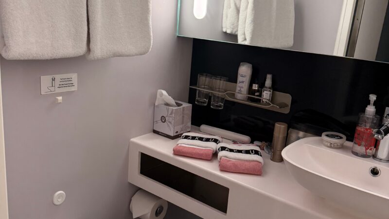 Cruise ship cabin bathroom with a toilet, sink, mirror, and towels.