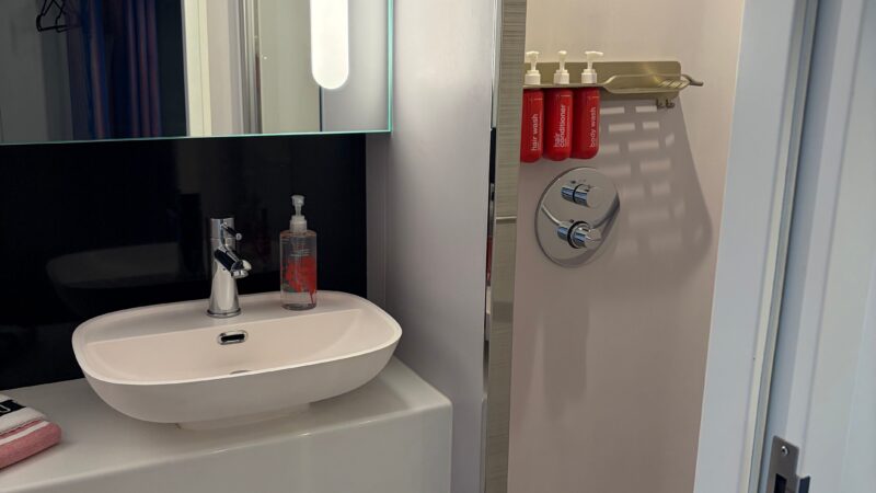 Cruise ship cabin bathroom with a sink, mirror, and a shower area featuring red shampoo dispensers.