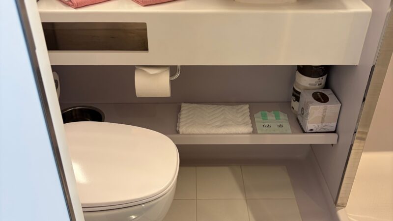 Interior of a Virgin Voyages cruise ship bathroom featuring a sink, mirror, toilet, towels, and toiletries.