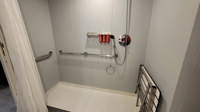 Accessible cruise ship cabin bathroom with a roll-in shower, grab bars, showerhead on the right, and foldable seat on the side.