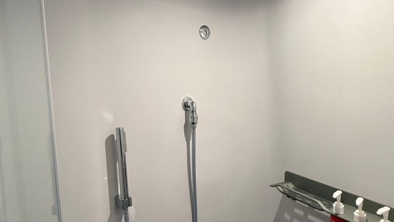 Shower area in a Virgin Voyages cruise ship cabin, featuring a rain showerhead, handheld shower, and red dispensers on a shelf.