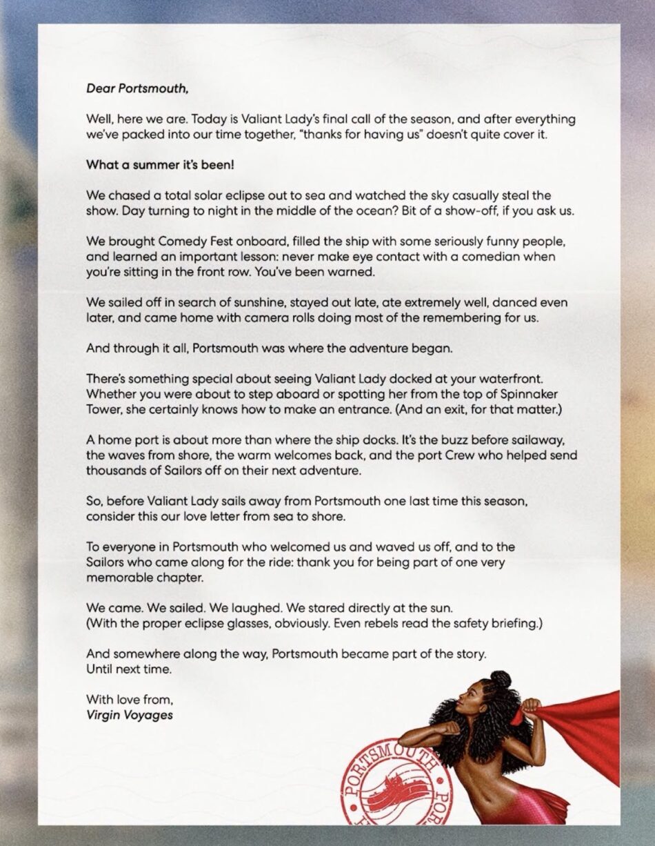A press letter from Virgin Voyages about Portsmouth and the Valiant Lady, with an illustration