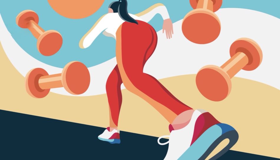 Abstract illustration of a woman running on a track with large floating dumbbells