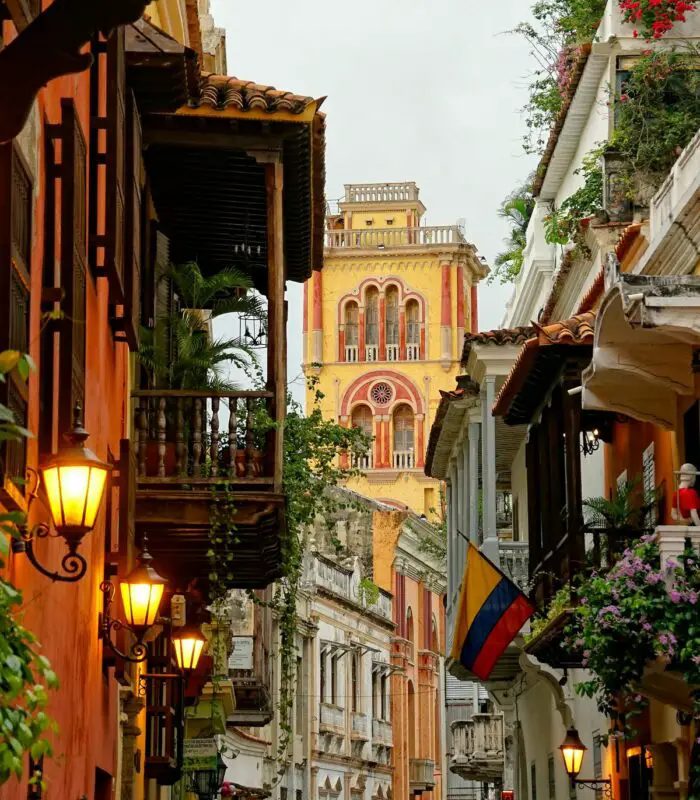 Colonial street and cathedral tower in Cartagena, Colombia