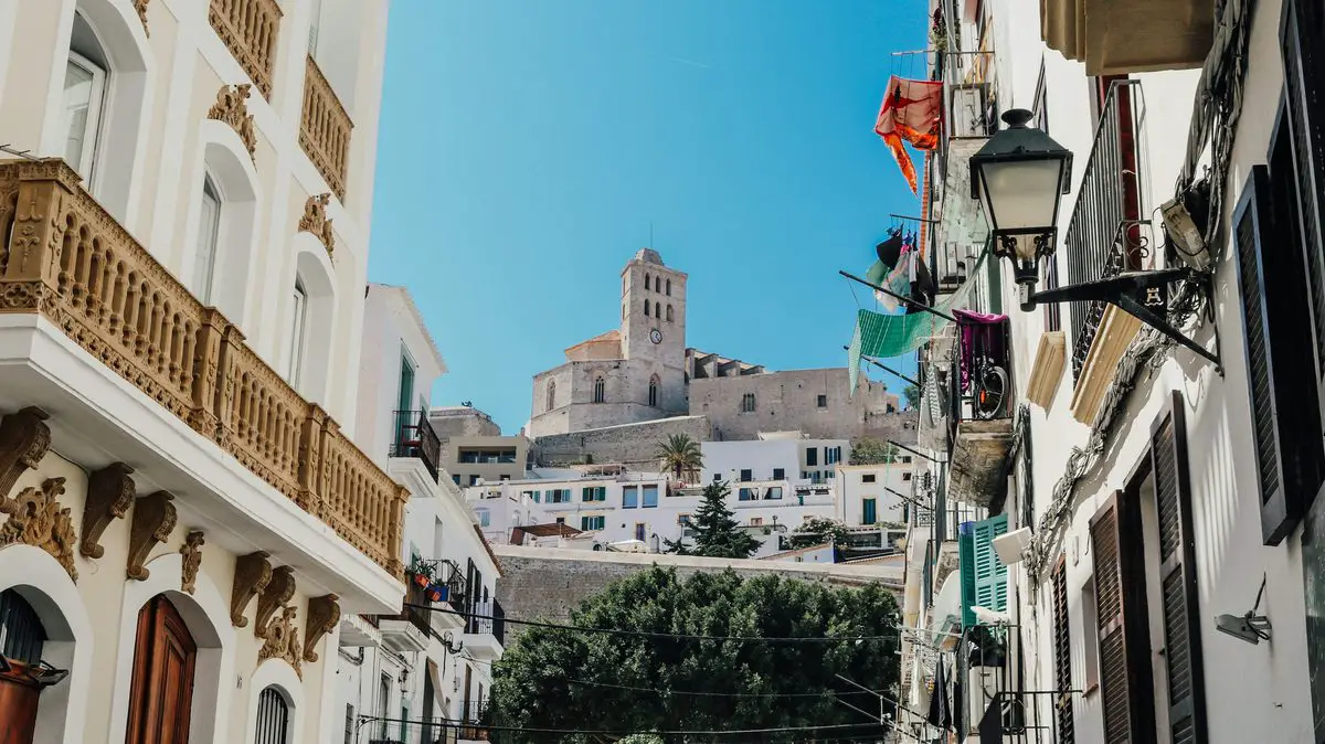 Street leading towards the old town of Ibiza, Spain