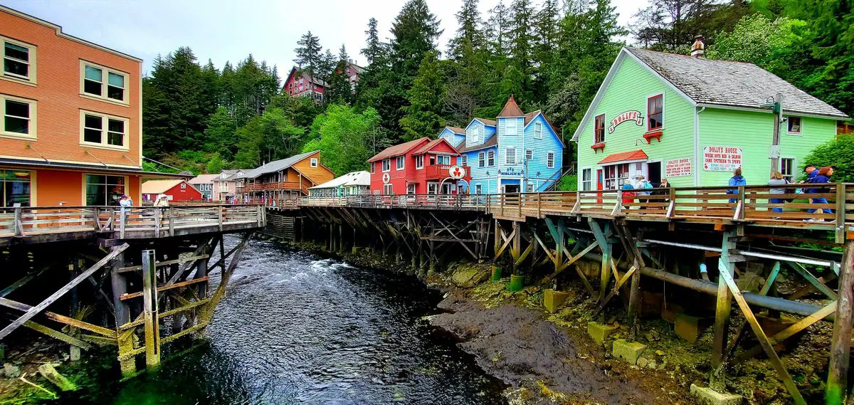 Colourful buildings beside the creek in Ketchikan, Alaska.