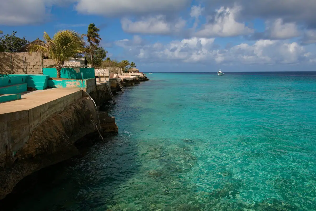 Stone steps leading to the turquoise sea on Bonaire