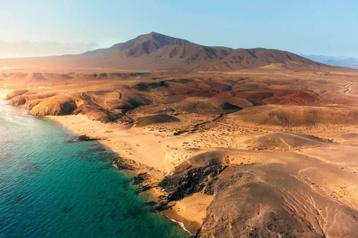 Papagayo coastline and volcanic hills on Lanzarote, Spain