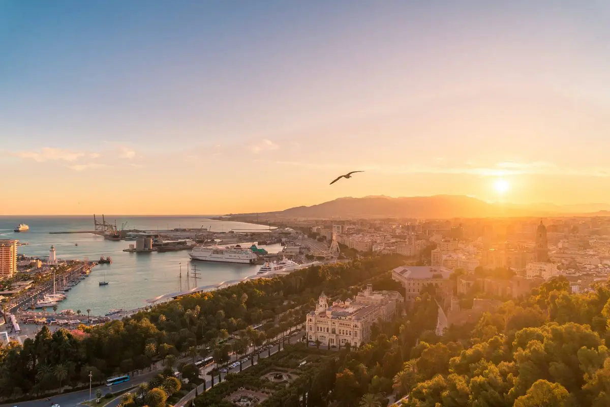 Málaga harbour and city at sunset from Gibralfaro Castle