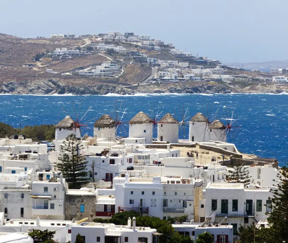 Windmills above Mykonos town, Greece
