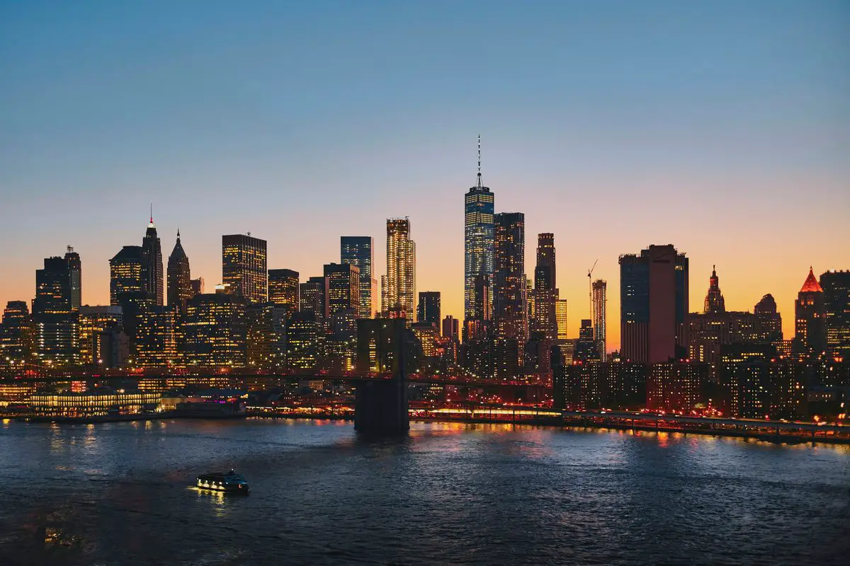 Lower Manhattan and Brooklyn Bridge at dusk, New York