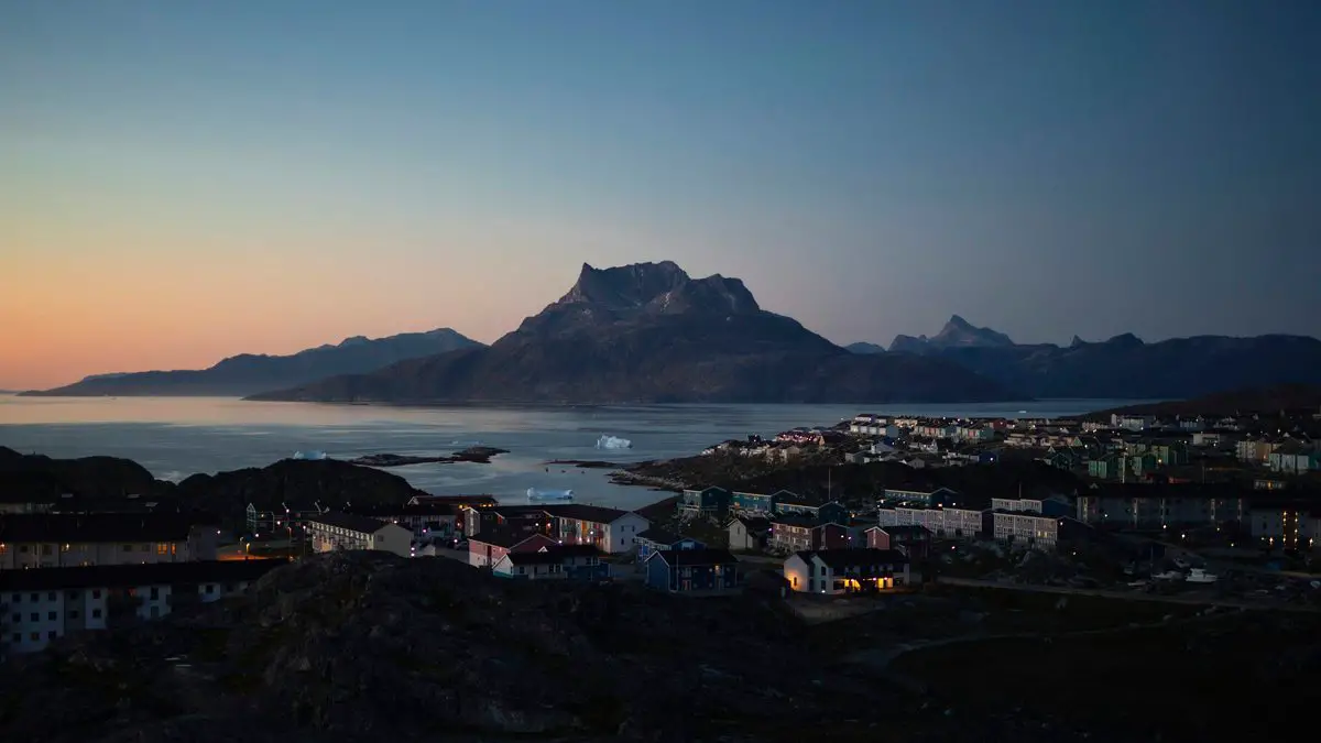 Nuuk with Sermitsiaq mountain at dusk, Greenland