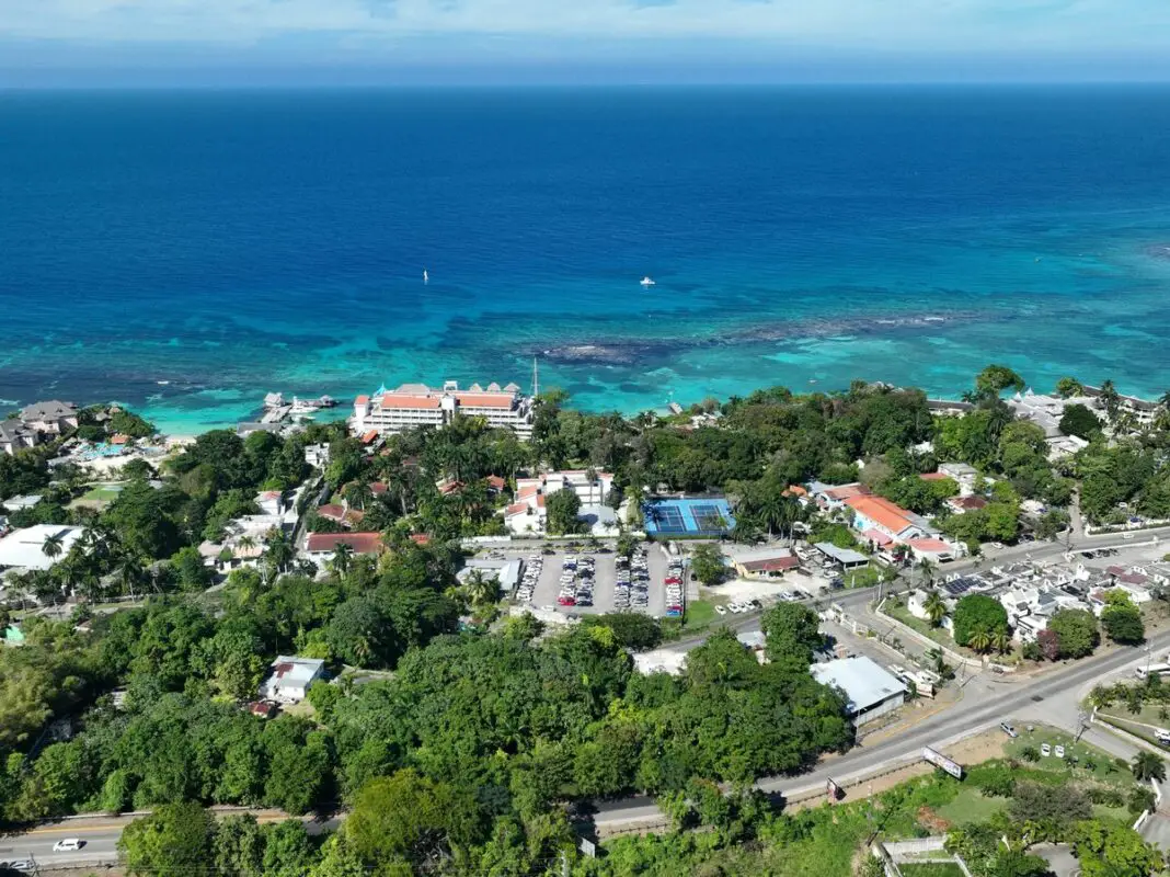 Aerial view of Ocho Rios and the Caribbean Sea, Jamaica