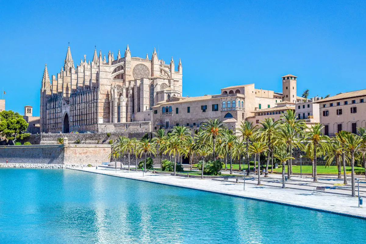 Palma cathedral and palm-lined waterfront on Mallorca