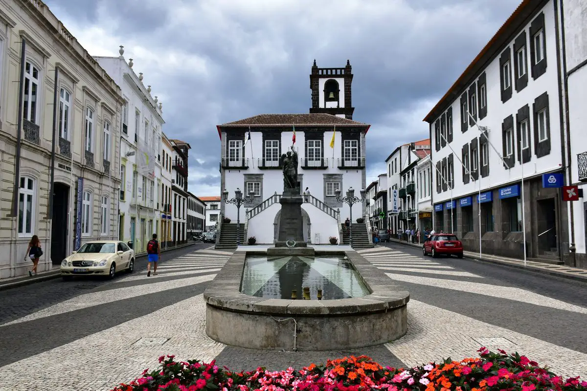 Historic square and fountain in Ponta Delgada, Azores