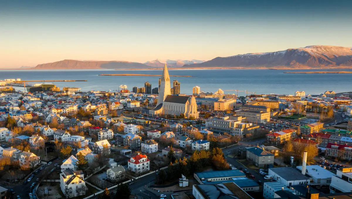 Reykjavík and Hallgrímskirkja at sunrise, Iceland