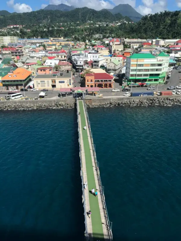 Cruise pier and colourful waterfront buildings in Dominica