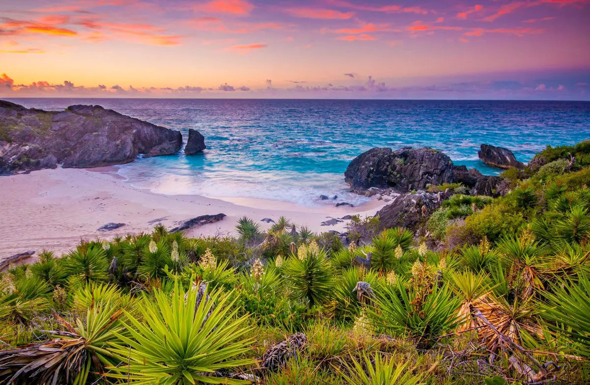 Rocky beach on Bermuda at sunset